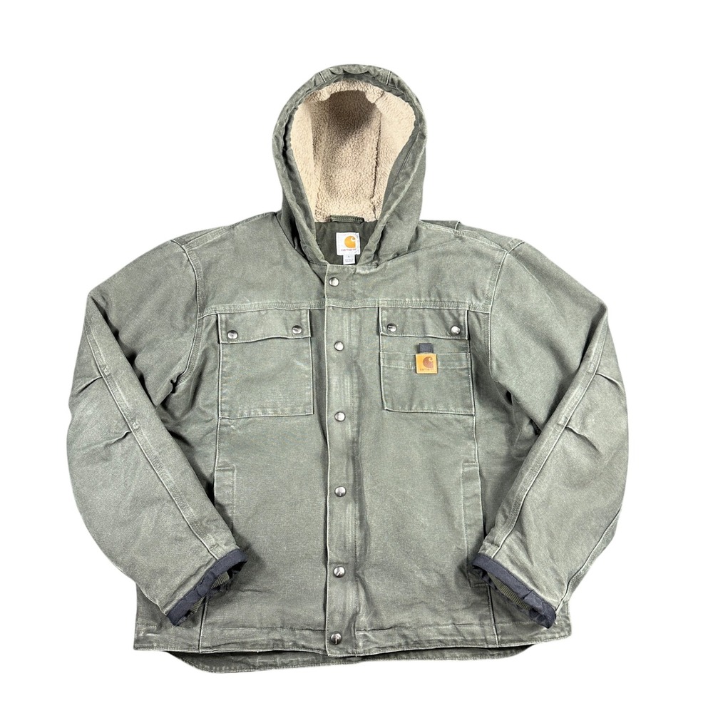 Carhartt Mens Sandstone Duck Hooded Jacket Sherpa Lined Moss Green L MSW 102285
